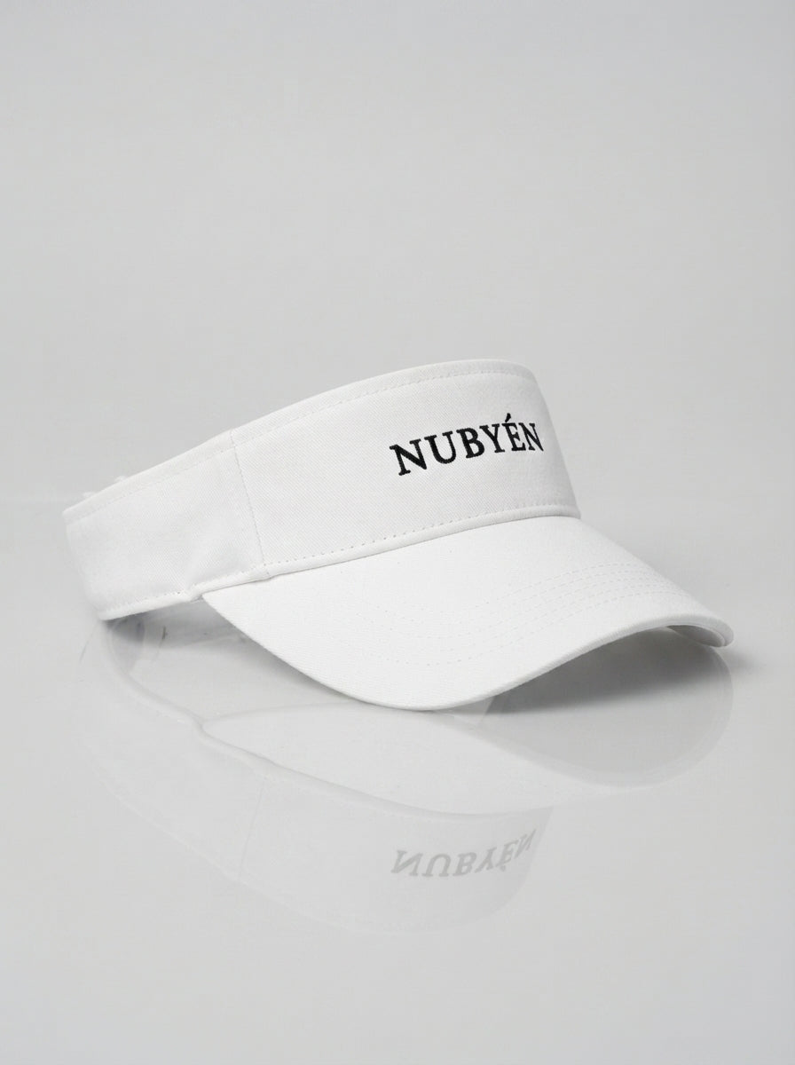 White NUBYÉN premium cotton visor featuring embroidered logo, curved brim and adjustable fit for women's luxury sportswear and everyday wear.