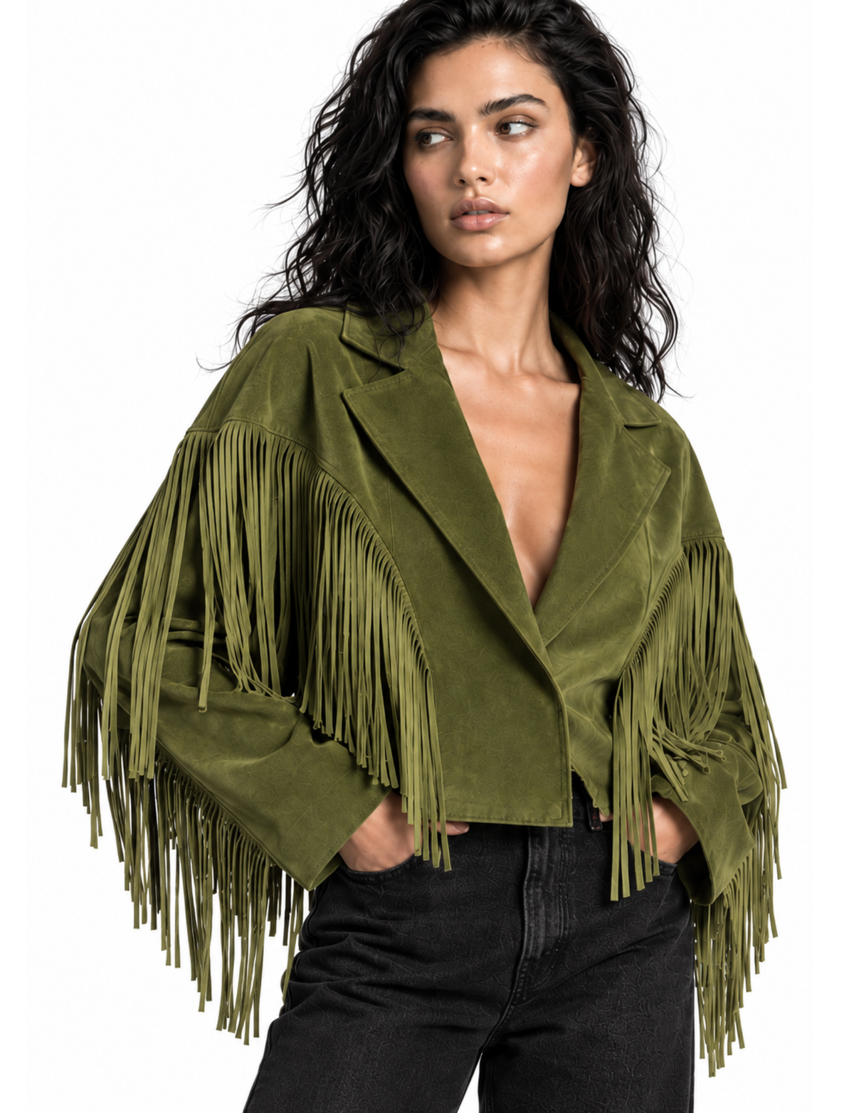 Emerald green faux suede Western jacket with fringe tassels 