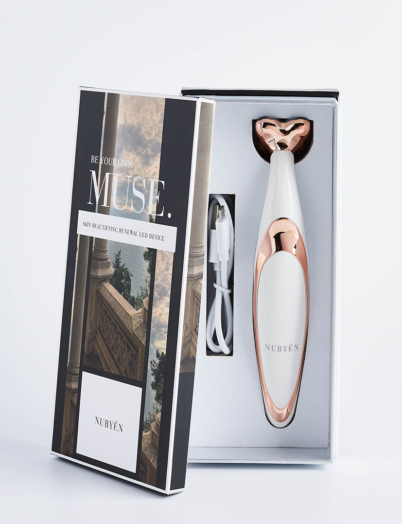 Experience professional-grade skincare at home with Nubyen Muse Skin Beautifying Renewal Device. This compact LED light therapy tool reduces wrinkles, firms skin, and sculpts cheekbones and jawlines with non-invasive nano-microcurrent technology. Perfect for all skin types, portable, and easy to use for daily rejuvenation.